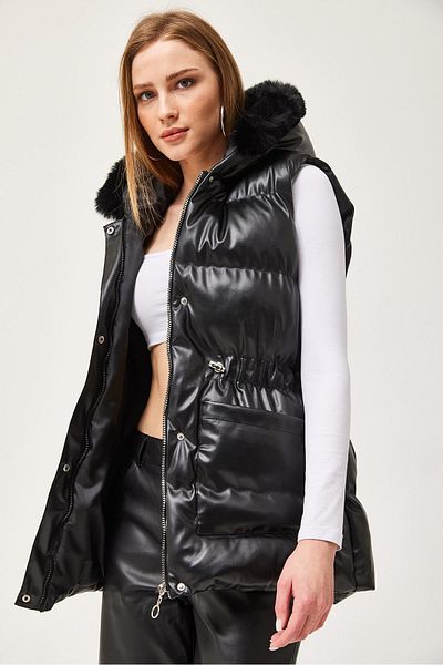 CALİENTE Faux Leather Inflatable Vest with Fur Collar 	 Black