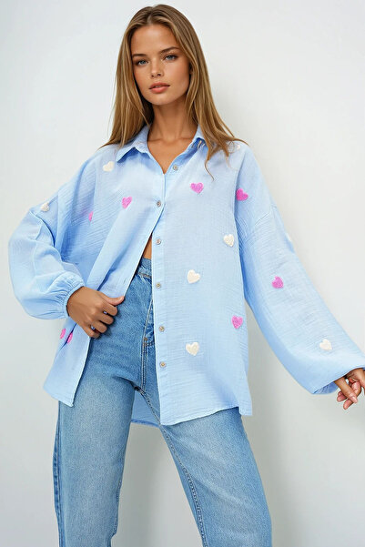 VAGGON Жіноча дитяча блакитна сорочка з льону великого розміру Prmx13791