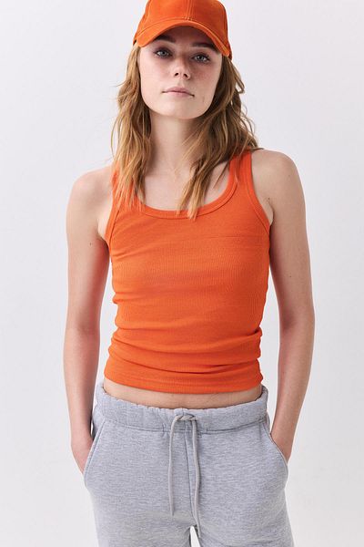 Trendiz Tricou cu aspect cu nervuri pentru femei, cu bretele groase, pachet de 2 portocaliu verde 9012