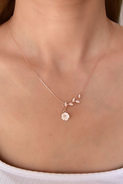 Papatya Silver 925 Ayar Gümüş Rose Kaplama Taşlı Manolya Çiçeği Kadın Kolye