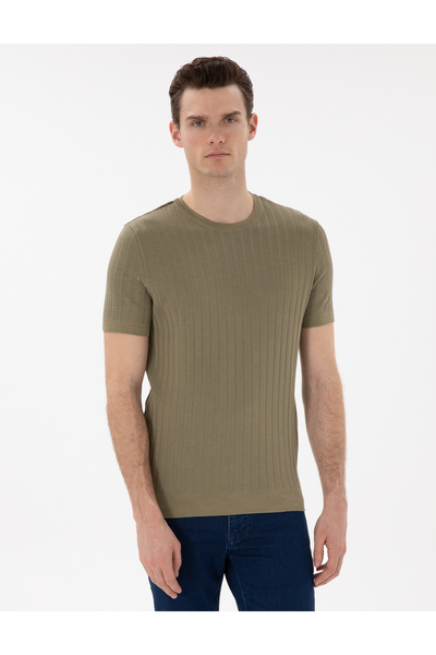 Pierre Cardin Χακί εφαρμοστό Πλεκτό Μπλουζάκι με Λαιμόκοψη Ποδηλάτου 50305991...