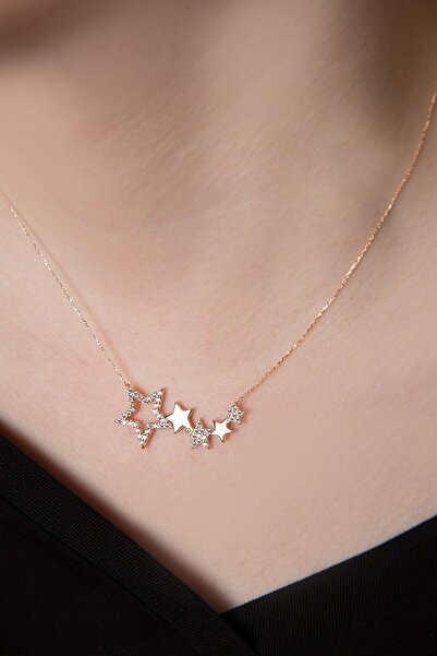 Papatya Silver 925 Ayar Gümüş Rose Kaplama Sıralı Beş Yıldız Zirkon Taşlı Kolye