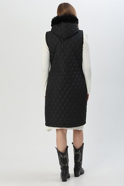 CALİENTE Hooded Quilted Long Vest Black