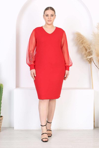 Madwilo Women's Red Tulle Sleeve Detail V-Neck Stretchy Plus Size Dress