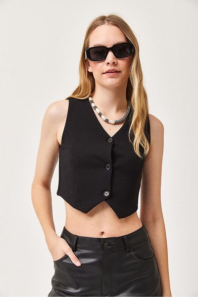 CALİENTE Fitted Short Knitted Vest Black