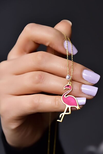 Papatya Silver 925 Ayar Gümüş Gold Kaplama Incili Parlayan Rüya Serisi Tasarım Ebruli Cam Boyalı Flamingo Kolye