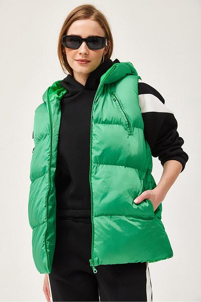 CALİENTE Hooded Zippered Puffer Vest Green