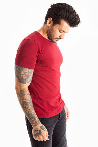 DeepSEA Βουργουνδία Ανδρικό/unisex Slim Fit Crew Neck Cotton Lycra Basic T-shirt 1801131