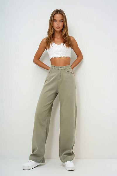 VAGGON Women's Green High Waist Five Pockets Wide Leg Summer Gabardine Trousers Prmx13761