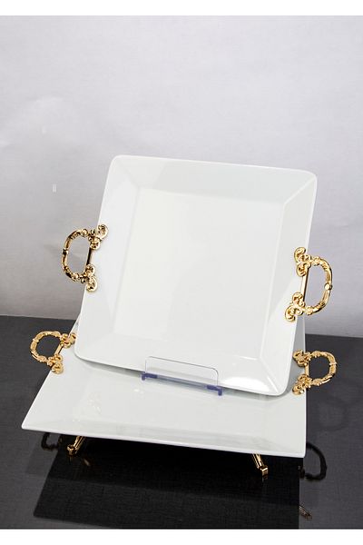 ARGKRİSTAL 2 Pieces Square Porcelain Presentation Serving Plate with Gold Detail Metal Legs and Handles 26X26 and 30X30 cm