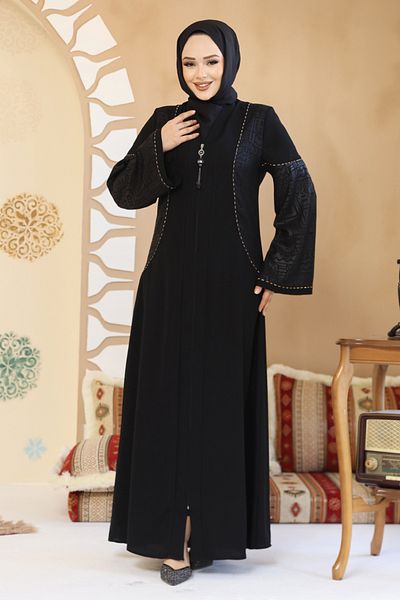 Neva Style Black Hijab Abaya with Faux Leather Detail 41570S