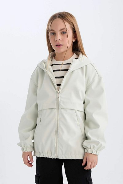 DeFacto E0058 Beige Girl's Water Repellent Hooded Zippered Raincoat