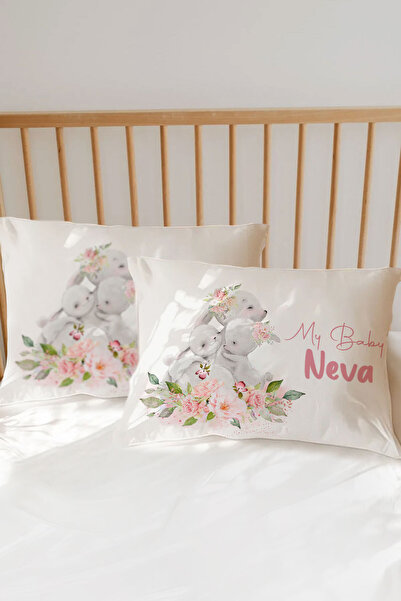 Homamia İsme Özel Baskılı %100 Pamuk Bebek Yastık Kılıfı Tavşan Ailesi