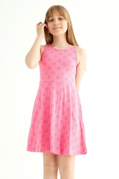 zepkids Round Neck Zero Sleeve Teddy Bear Metraj - Pink Color Girl's Dress