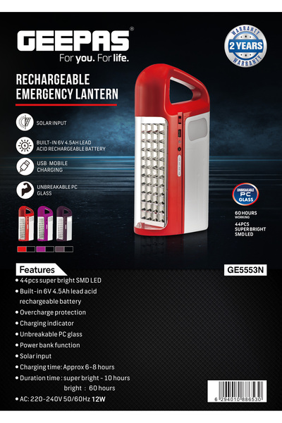 Geepas Dark Buster- GE5553| Rechargeable LED Lantern with Extended Battery Life, USB Function