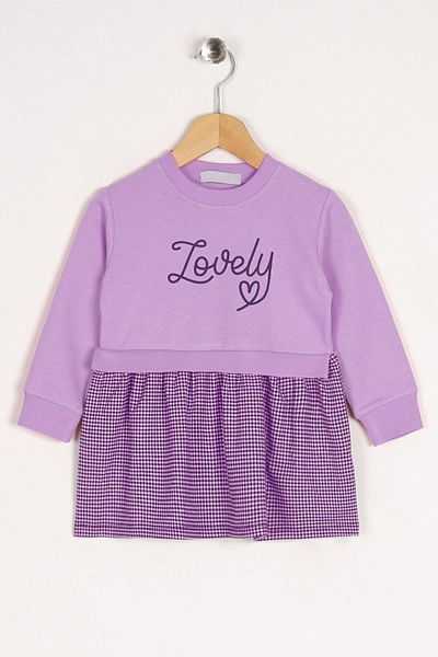 zepkids Decolteu cu mânecă lungă Fusta minunată imprimată în carouri liliac culoare violet rochie pentru fete