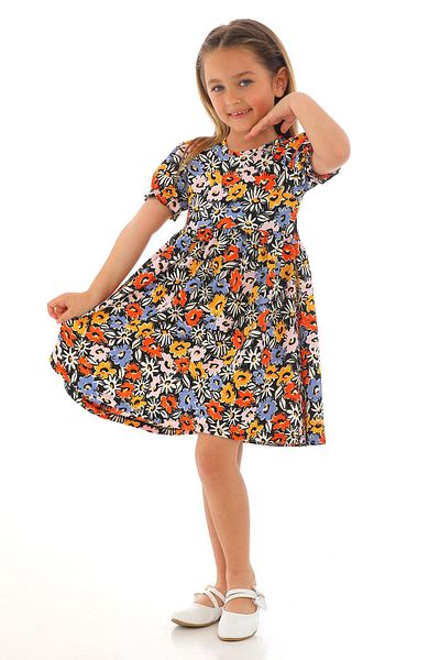 zepkids Crew Neck Short Sleeve Cıcek Patterned Orange Color Girl's Dress