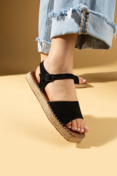 Pembe Potin Women's Black Suede Espardil Banded Comfortable Sole Stylish Daily Sandals