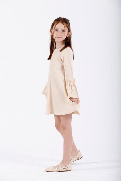 zepkids Crew Neck Long Sleeve Ecru Color Girl's Dress
