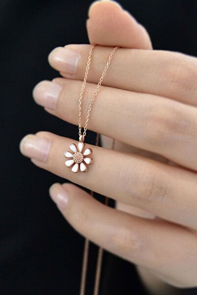 Papatya Silver 925 Ayar Gümüş Rose Kaplama Mineli Papatya Kolye
