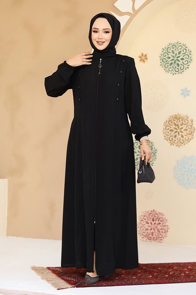 Neva Style Abaya hijab neagră cu detaliu cu nasturi 45304S