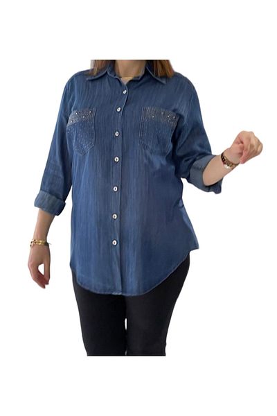 AKŞEN GİYİM Cămașă din țesătură JEAN DE BLANĂ SUBȚIRE DE MĂRIME MARE GULER CU MÂNECĂ PUSĂ Buzunare Cămașă din denim cu detaliu de piatră