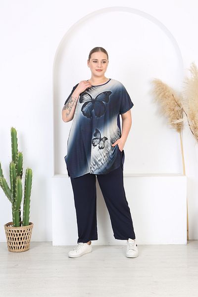 XL Modam Women's Lycra Navy Blue Butterfly Patterned Suit