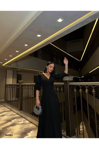 Secret Passion Lingerie Yeni Sezon Scuba Krep Kumaş Kruvaze Yaka 3/4 Kol Tasarımlı Maxi Kadın Abiye Elbise 582983