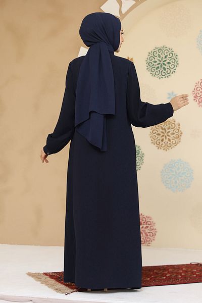 Neva Style Pile Detailed Navy Blue Hijab Abaya 45296L
