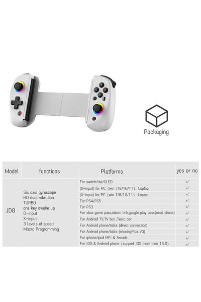 VILCORN WHITE VILCORN D8 Gaming Dual Hall Flexible RGB Controller Streaming Gamepad for Tablet Android PS4 S