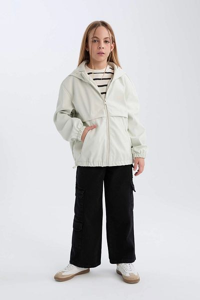 DeFacto E0058 Beige Girl's Water Repellent Hooded Zippered Raincoat