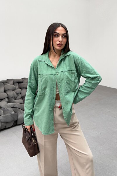 RB CLUB Cep Detay Keten Gömlek Mint Yeşili