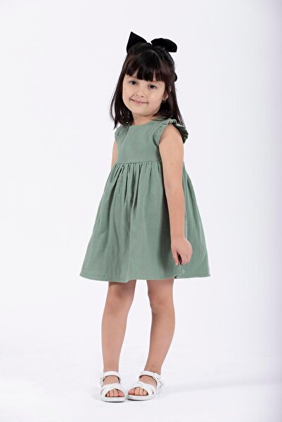 zepkids Green Colored Girl's Dress - Ruffled Shoulders and Pleated Design