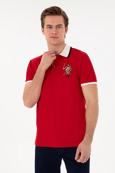 U.S. Polo Assn. تي شيرت رجالي ذو قصة ضيقة وياقة بولو باللون الأحمر الأساسي 50298073 -vr030