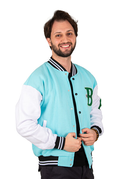 Rizz up Men's Light Blue Three Thread Sleeve and Chest Embroidery Detailed Snap Fastener College Coat 2304762