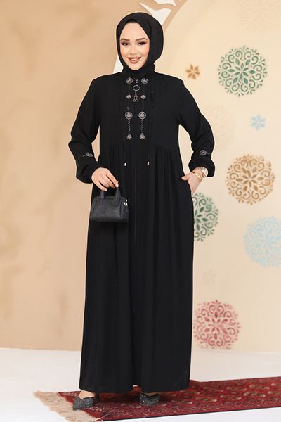 Neva Style Abaya neagră cu mărgele 45305S