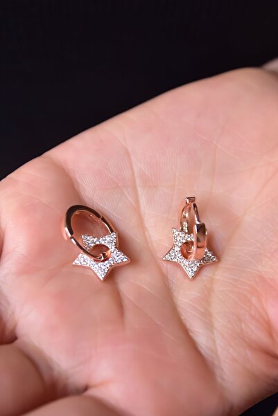 Papatya Silver 925 Ayar Gümüş Rose Kaplama Zirkon Taşlı Yıldız Küpe