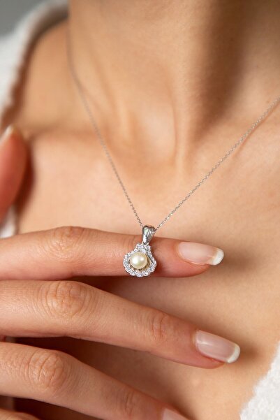 Papatya Silver Kadın Inci Detaylı Deniz Kabuğu Model 925 Ayar Gümüş Kolye