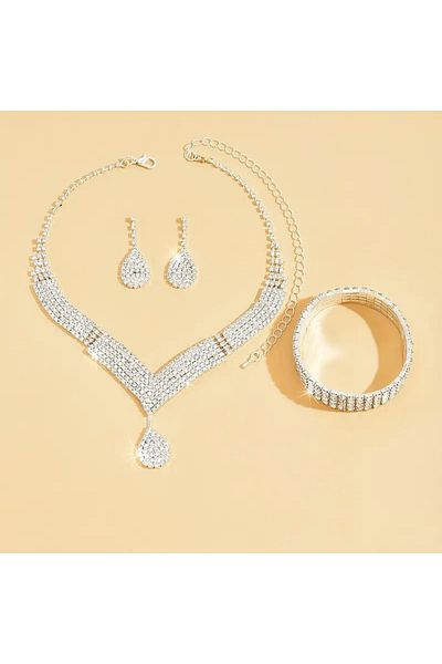 Choice S076 4 Pcs Luxurious Jewelry Set Rhinestone Droplet Shaped Necklace Bracelet Earring Elegant Women's
