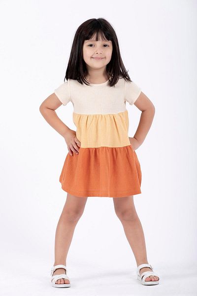 zepkids Rochie pentru fetiță, cu mânecă scurtă, cu decolteu, dublu, colorat, cu model, culoare cărămidă