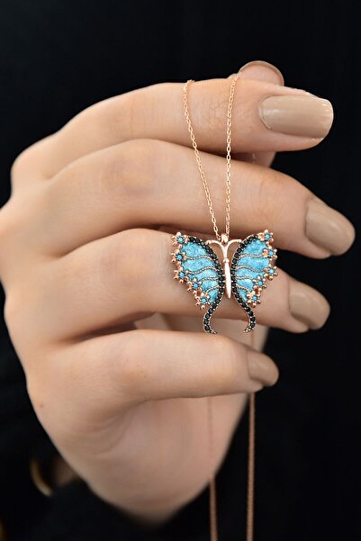 Papatya Silver 925 Ayar Gümüş Rose Altın Kaplama Mineli Kelebek Kolye