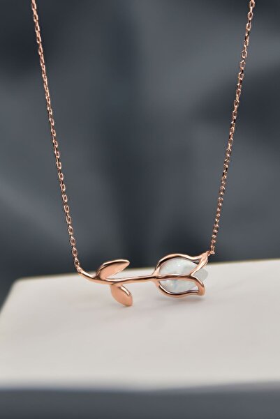 Papatya Silver 925 Ayar Gümüş Rose Kaplama Beyaz Opal Lale Kolye