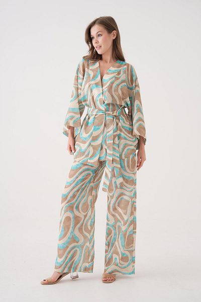 minaaise Women's Turquoise Patterned Linen Fabric Bottom/Top Set 29098