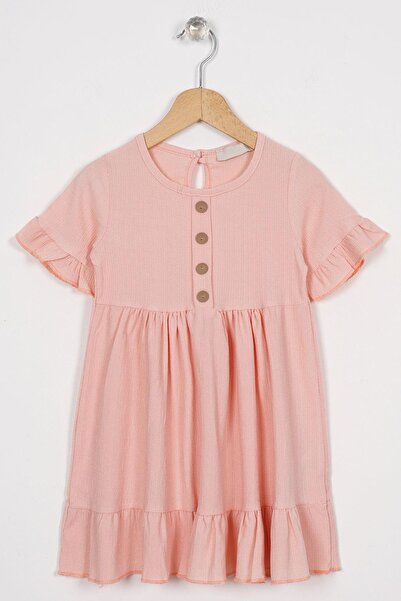 zepkids Bisiklet Yaka Kısa Kol Fırfırlı Düğmeli Pudra Renk Kız Çocuk Elbise