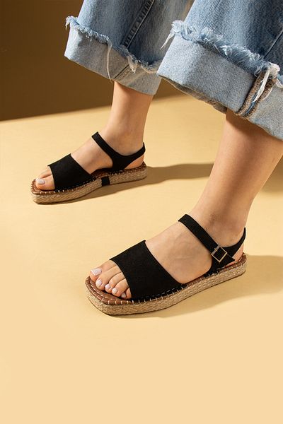Pembe Potin Women's Black Suede Espardil Banded Comfortable Sole Stylish Daily Sandals