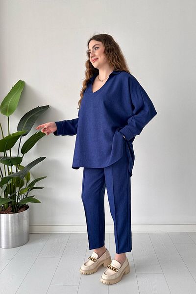 MaziButik Blue V-Neck Linen Set