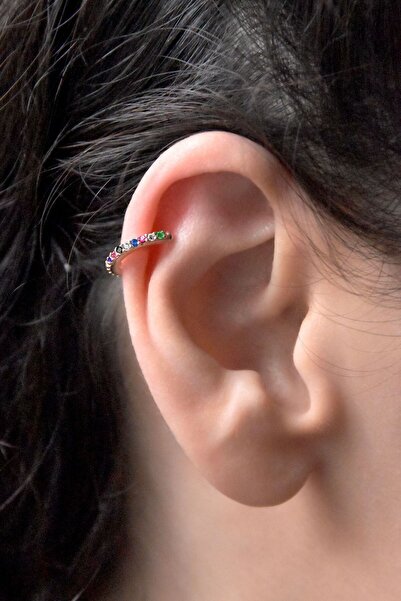 Papatya Silver 925 Ayar Gümüş Renkli Taşlı Halka Kıkırdak Küpe