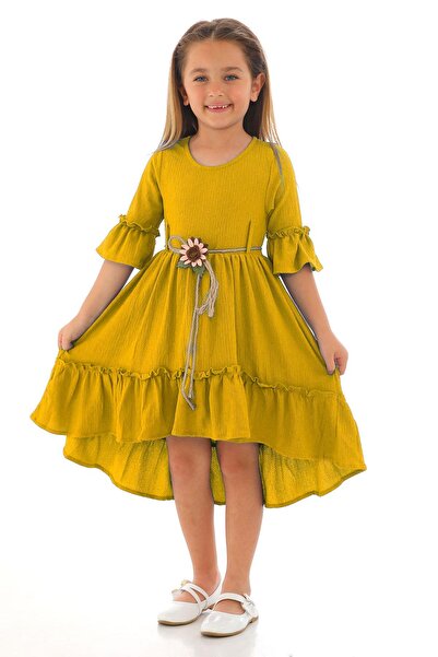 zepkids Crew Neck Watermelon Sleeve Waist Straw Belted Mustard Color Girl's Dress