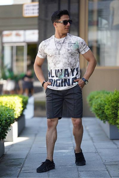 Rizz up Men's Smoked Front Written Patterned Batik Wash Slim Fit T-Shirt Shorts Set of 2 2403193