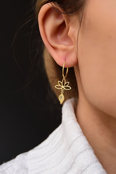 Papatya Silver 925 Ayar Gümüş Gold Kaplama Harfli Yaprak Lotus Halka Küpe